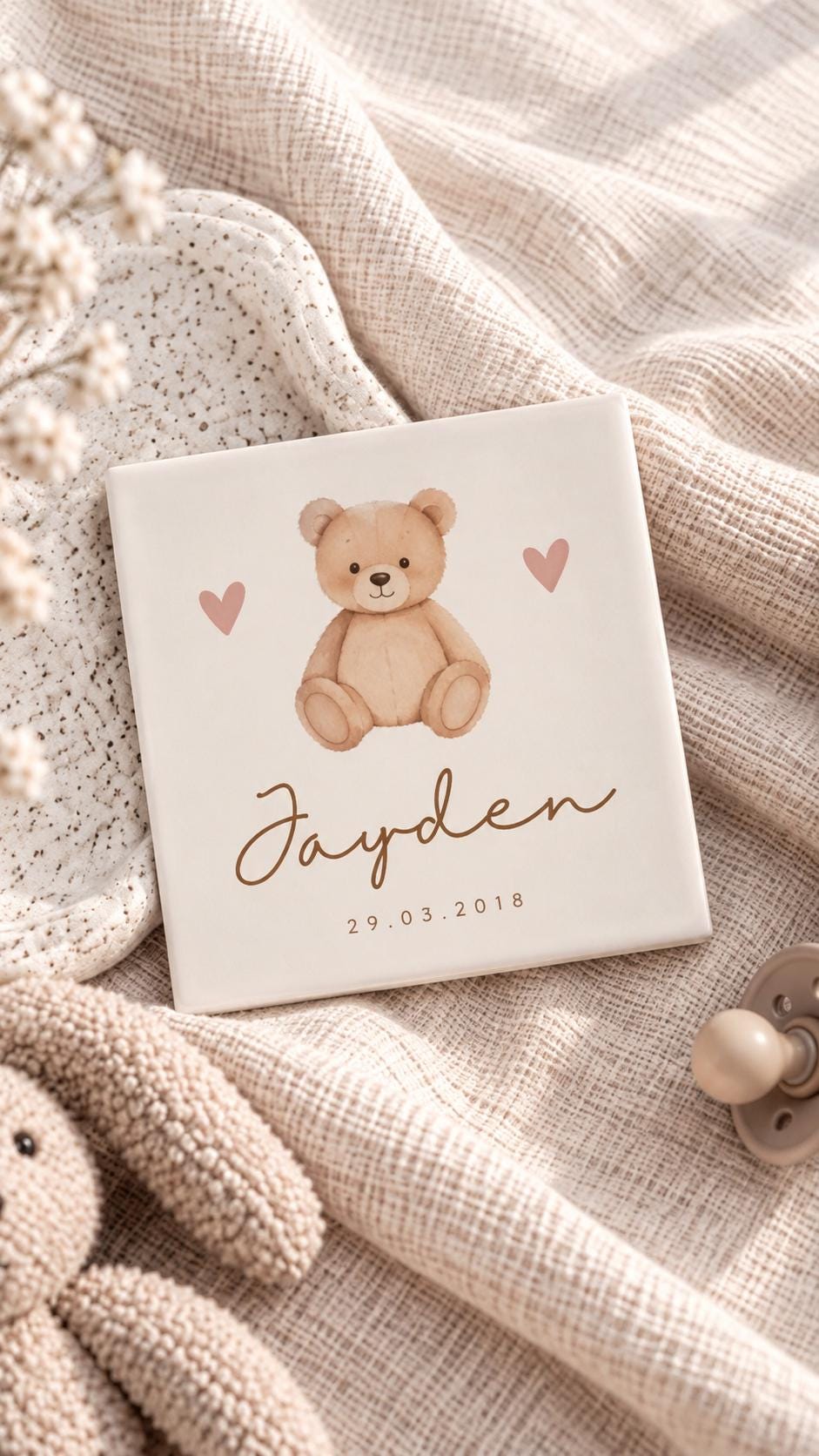 Personaliseer je tegel met naam & geboorte datum - teddybeer